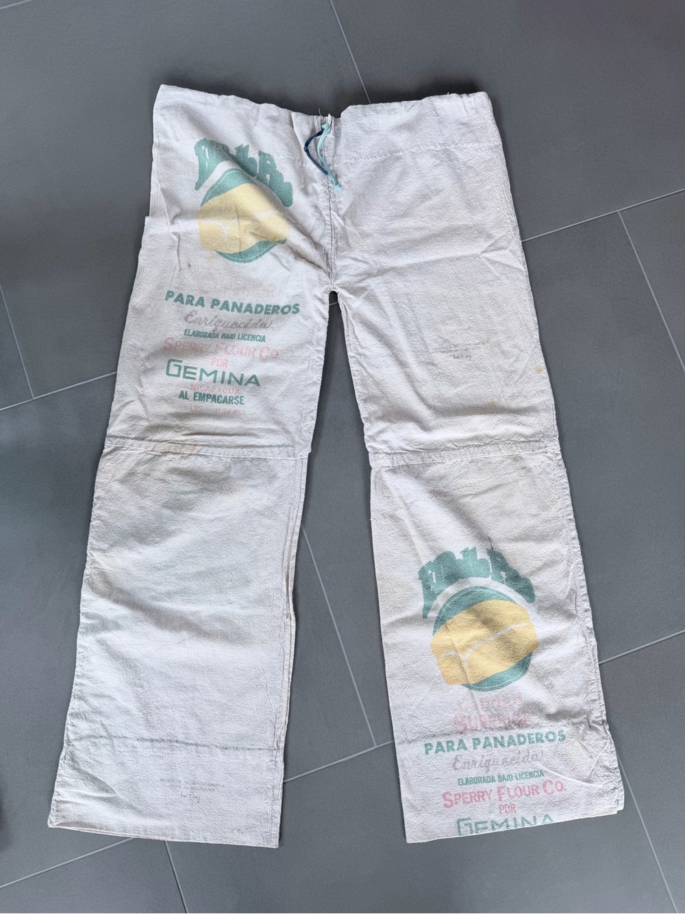Unisex Beige Vintage Handsewn Floursack Pants with Teal & Yellow Print Guatemala